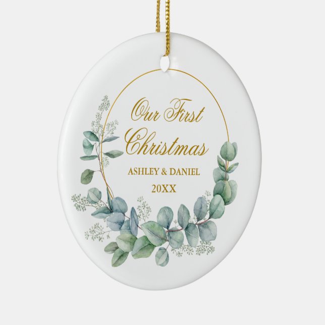 Our First Christmas Eucalyptus Photo Back Gold Ceramic Ornament (Right)