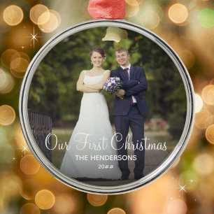 Our First Christmas Family Name Elegant Photo Metal Ornament