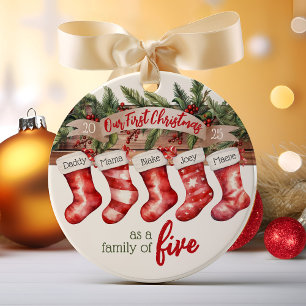 Our First Christmas Family of 5 Custom Stockings Ceramic Ornament