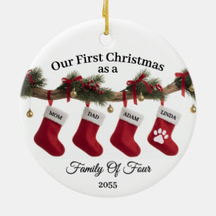 Our First Christmas Family of Four with Cat or Dog Ceramic Ornament