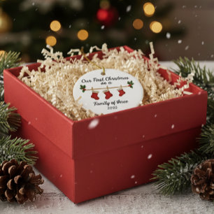 Our First Christmas—Family of Three Stockings 2025 Ceramic Ornament