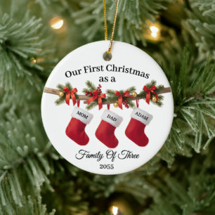 Our First Christmas Family of Three Stockings Ceramic Ornament