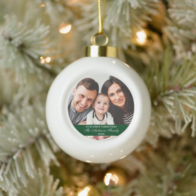 Our First Christmas Family Photo Green Ceramic Ball Christmas Ornament (Tree)