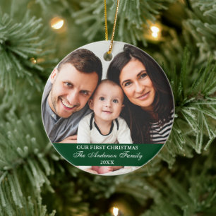 Our First Christmas Family Photo Green Ceramic Ornament