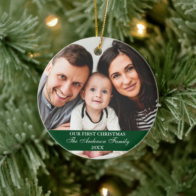 Our First Christmas Family Photo Green Ceramic Ornament (Tree)