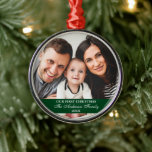 Our First Christmas Family Photo Green Metal Ornament<br><div class="desc">Elegant Script Our First Christmas Family Photo Green Ornament</div>