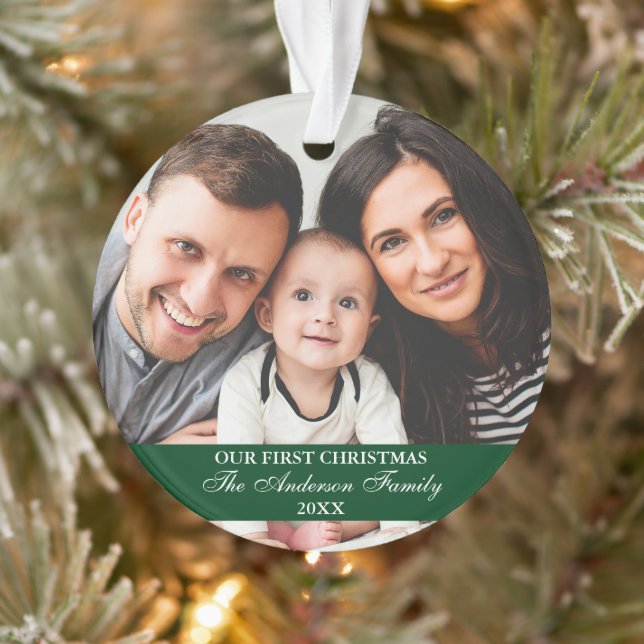 Our First Christmas Family Photo Green Ornament (Tree)