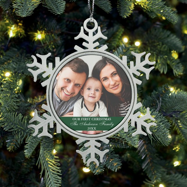 Our First Christmas Family Photo Green Snowflake Pewter Christmas Ornament (Customize with your names and year.)