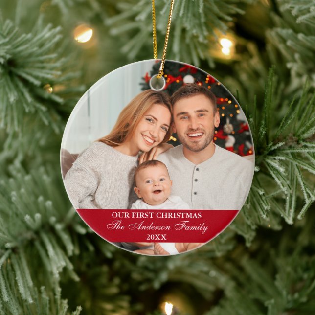 Our First Christmas Family Photo Red Ceramic Ornament (Tree)