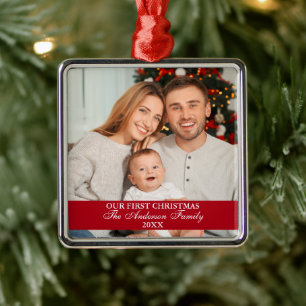 Our First Christmas Family Photo Square Red Metal Ornament
