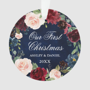 Our First Christmas Floral Blue PHOTO Back Ornament