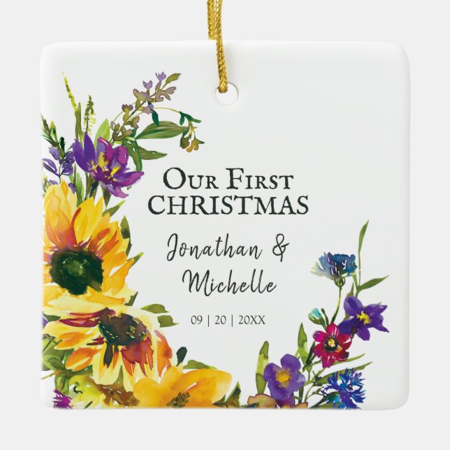 Our First Christmas Floral Inspirational Quote Ceramic Ornament (Front)