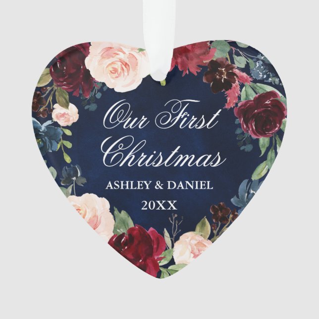 Our First Christmas Floral PHOTO Back Heart Ornament (Front)
