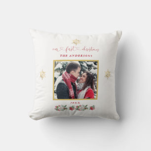 Our First Christmas Floral Snowflake Photo Wedding Cushion