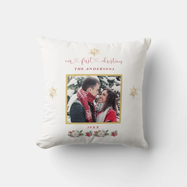 Our First Christmas Floral Snowflake Photo Wedding Cushion (Front)