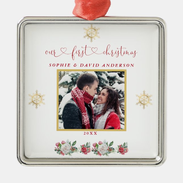 Our First Christmas Floral Snowflake Photo Wedding Metal Ornament (Front)