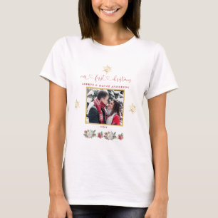 Our First Christmas Floral Snowflake Photo Wedding T-Shirt