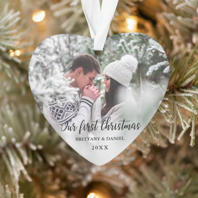 Our First Christmas Front and Back Photo Heart Ornament (Tree)