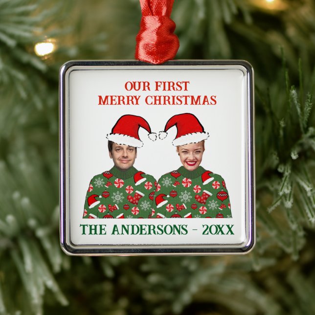 Our First Christmas Funny Photo Ugly Sweater Metal Ornament (Tree)