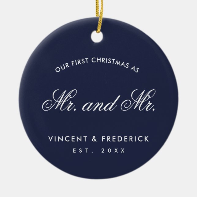 Our First Christmas Gay Newlywed Photo Navy Blue Ceramic Ornament (Front)