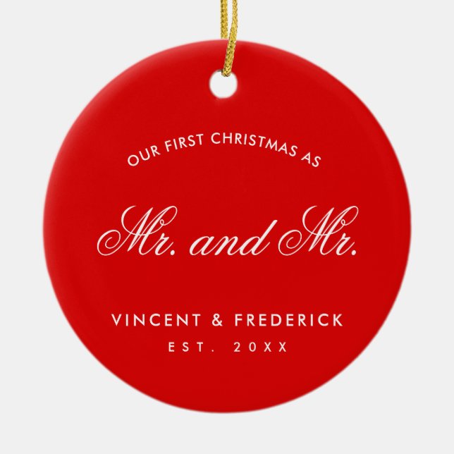 Our First Christmas Gay Newlywed Photo Red Ceramic Ornament (Front)