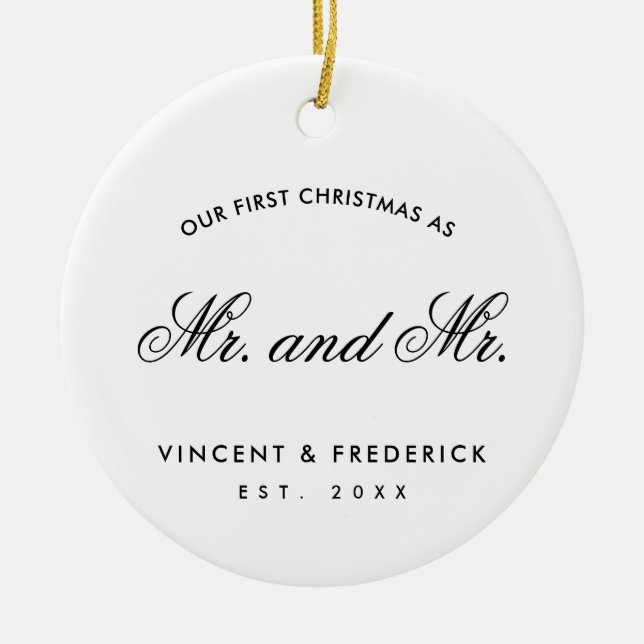 Our First Christmas Gay Newlywed Photo White Ceramic Ornament (Front)