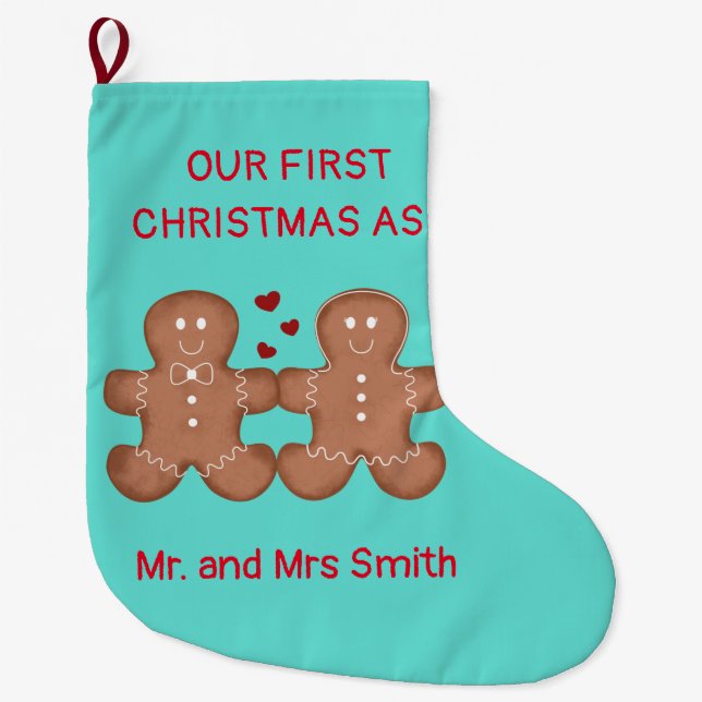 Our first Christmas gingerbread couple in love Large Christmas Stocking (Front)