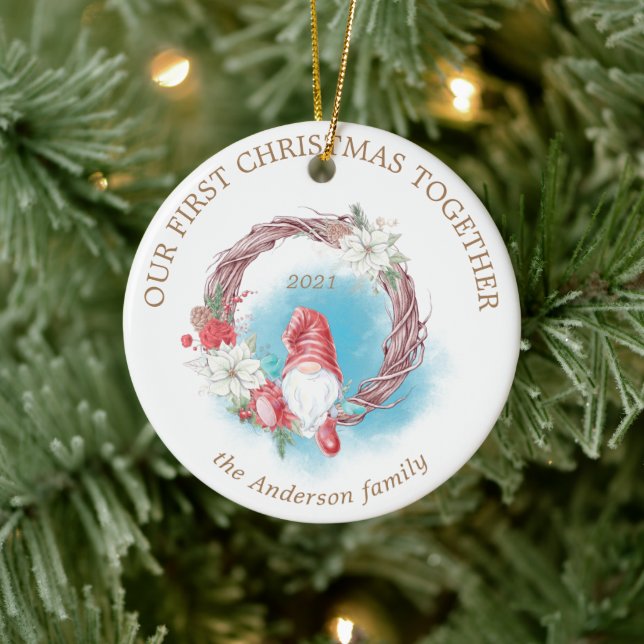 Our First Christmas Gnome Holiday Foliage Photo Ceramic Ornament (Tree)