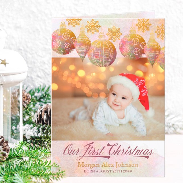 Our First Christmas Gold Snowflakes 3 Photo Holiday Card (Our First Christmas with new baby holiday photo card)