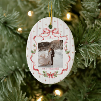 Our First Christmas Grandmillennial Bow Photo Ceramic Ornament