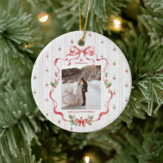 Our First Christmas Grandmillennial Bow Photo Ceramic Ornament