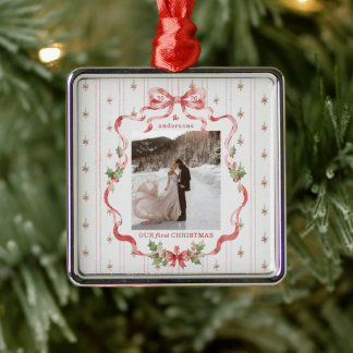 Our First Christmas Grandmillennial Bow Photo Metal Ornament