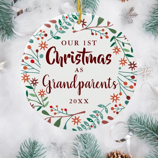 Our First Christmas Grandparents Floral Baby Photo Ceramic Ornament (Creator Uploaded)