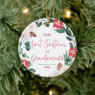 Our First Christmas Grandparents Floral Photo Ceramic Ornament
