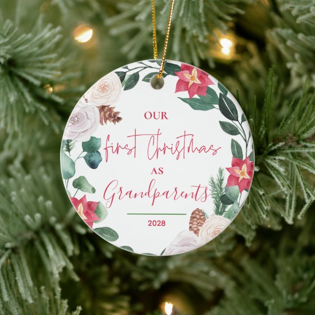 Our First Christmas Grandparents Floral Photo Ceramic Ornament (Tree)