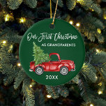Our First Christmas Grandparents Truck Green Ceramic Ornament<br><div class="desc">Modern Brush Script Our First Christmas as Grandparents Watercolor Vintage Red Truck with Christmas Tree Ornament - Forest Green Background</div>