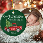 Our First Christmas Grandparents Truck PHOTO Green Ceramic Ornament<br><div class="desc">Modern Brush Script Our First Christmas as Grandparents Watercolor Vintage Red Truck with Christmas Tree Ornament - Forest Green Background - Photo Back</div>