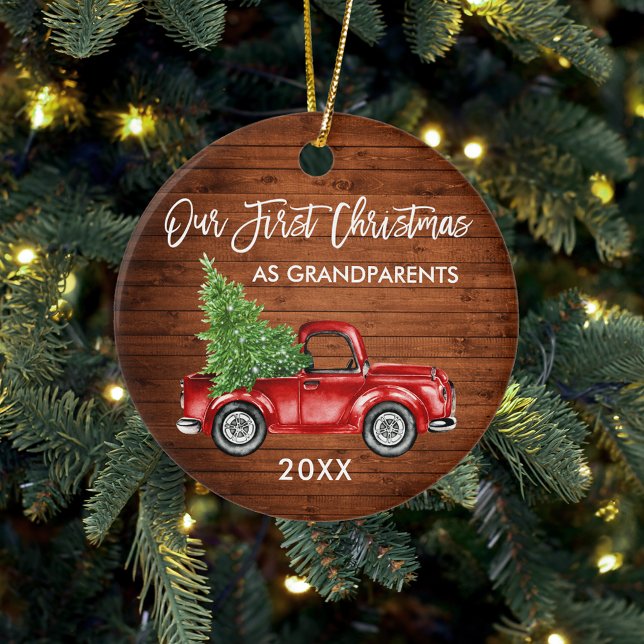 Our First Christmas Grandparents Wood Red Truck  Ceramic Ornament (Grandparents First Christmas Ornament)