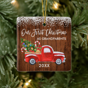 Our First Christmas Grandparents Wood Snow Truck Ceramic Ornament