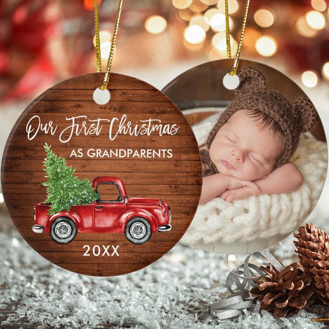 Our First Christmas Grandparents Wood Truck PHOTO Ceramic Ornament (Grandparents First Christmas Ornament with Photo.)