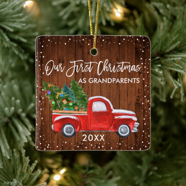 Our First Christmas Grandparents Wood Truck Snow Ceramic Ornament (Tree)