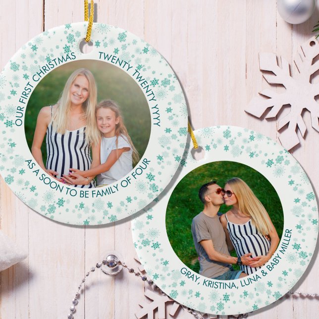 Our First Christmas | Greem Ditsy Snowflake Photo Ceramic Ornament (Creator Uploaded)