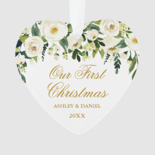 Our First Christmas Green Floral PHOTO Back Heart Ornament