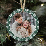 Our First Christmas Green Snowflake Photo Ornament<br><div class="desc">This modern holiday keepsake ornament features a photo of the newlywed couple on the front framed by a dark green border colour with contrasting pattern of white winter snowflakes. The back of the design includes the same colour scheme with "Our First Christmas" wording and a custom monogram of their names...</div>