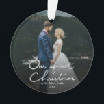 Our First Christmas Hand Lettered Christmas Ornament<br><div class="desc">A chic Xmas gift for newlyweds. Send out this beautiful photo Christmas ornament to newlyweds to commemorate their wedding, for their first Christmas as a married couple. The ornament features "Our First Christmas" in a beautifully hand-lettered faux silver font with space for one photo. Personalize the ornament by replacing the...</div>