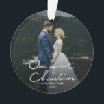 Our First Christmas Hand Lettered Christmas Ornament<br><div class="desc">A chic Xmas gift for newlyweds. Send out this beautiful photo Christmas ornament to newlyweds to commemorate their wedding, for their first Christmas as a married couple. The ornament features "Our First Christmas" in a beautifully hand-lettered faux silver font with space for one photo. Personalize the ornament by replacing the...</div>