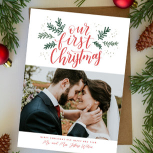 Our First Christmas Hand-lettered Newlywed Photo Holiday Card