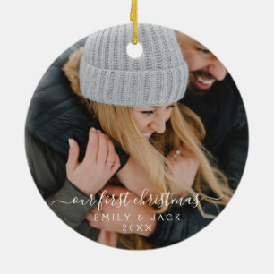 Our First Christmas Hand Lettered Photo Ceramic Ornament