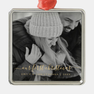 Our First Christmas Hand Lettered Photo Template Metal Ornament