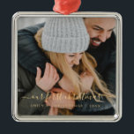 Our First Christmas Hand Lettered Photo Template Metal Ornament<br><div class="desc">Our First Christmas Hand Lettered Photo Template Ornament with your name and picture makes a perfect Personalised Christmas Gift for married newlyweds after their wedding. This modern and elegant photo Christmas ornament makes a great gift for a grandma,  grandpa,  mum or dad.</div>